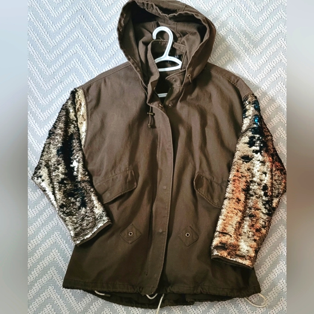 Gorgeous Zara Women's Jacket Coat hooded with sequins sleeves Olive green